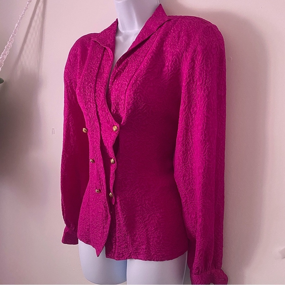 Vintage Silk Hot Pink Button-Up Statement Shoulder Barbiecore Long Sleeve Blouse - Picture 8 of 14